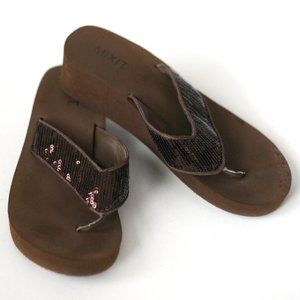 Mix It brown sequin wedge flip flops sandals
